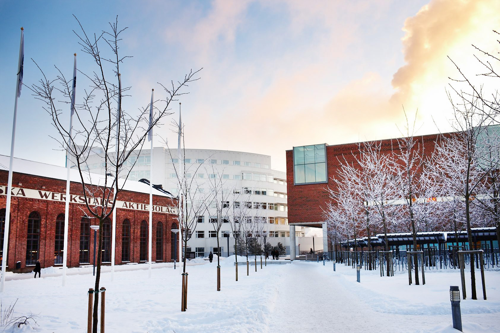 Campusområdet på vintern med snötäcke
