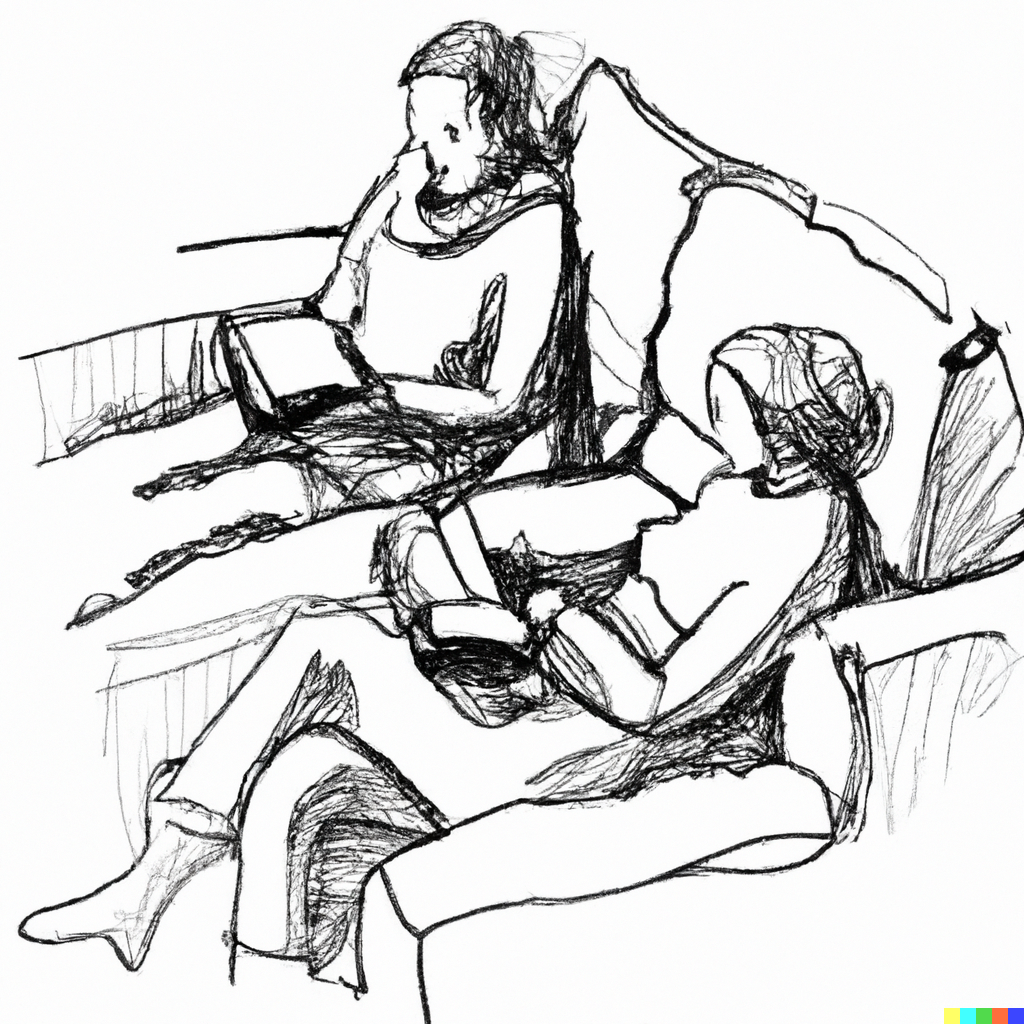 Blyertsteckning av två personer som sitter och läser