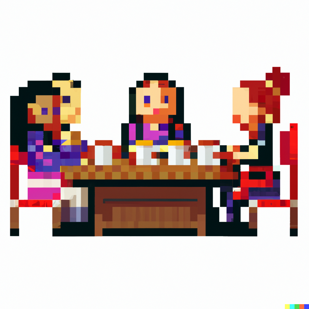 Pixelbild med personer runt ett bord