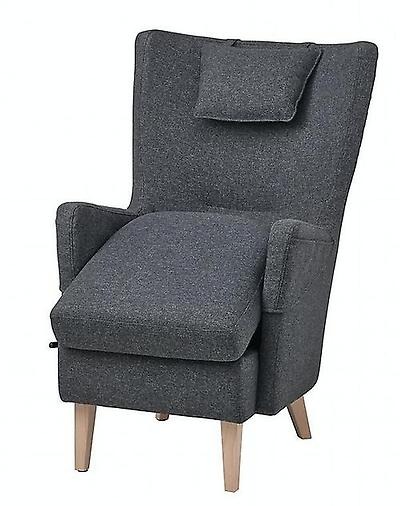 An armchair with its seat leaning forward.