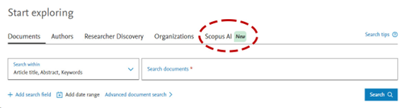 Screenshot of Scopus website with the tab for Scopus AI circled in red