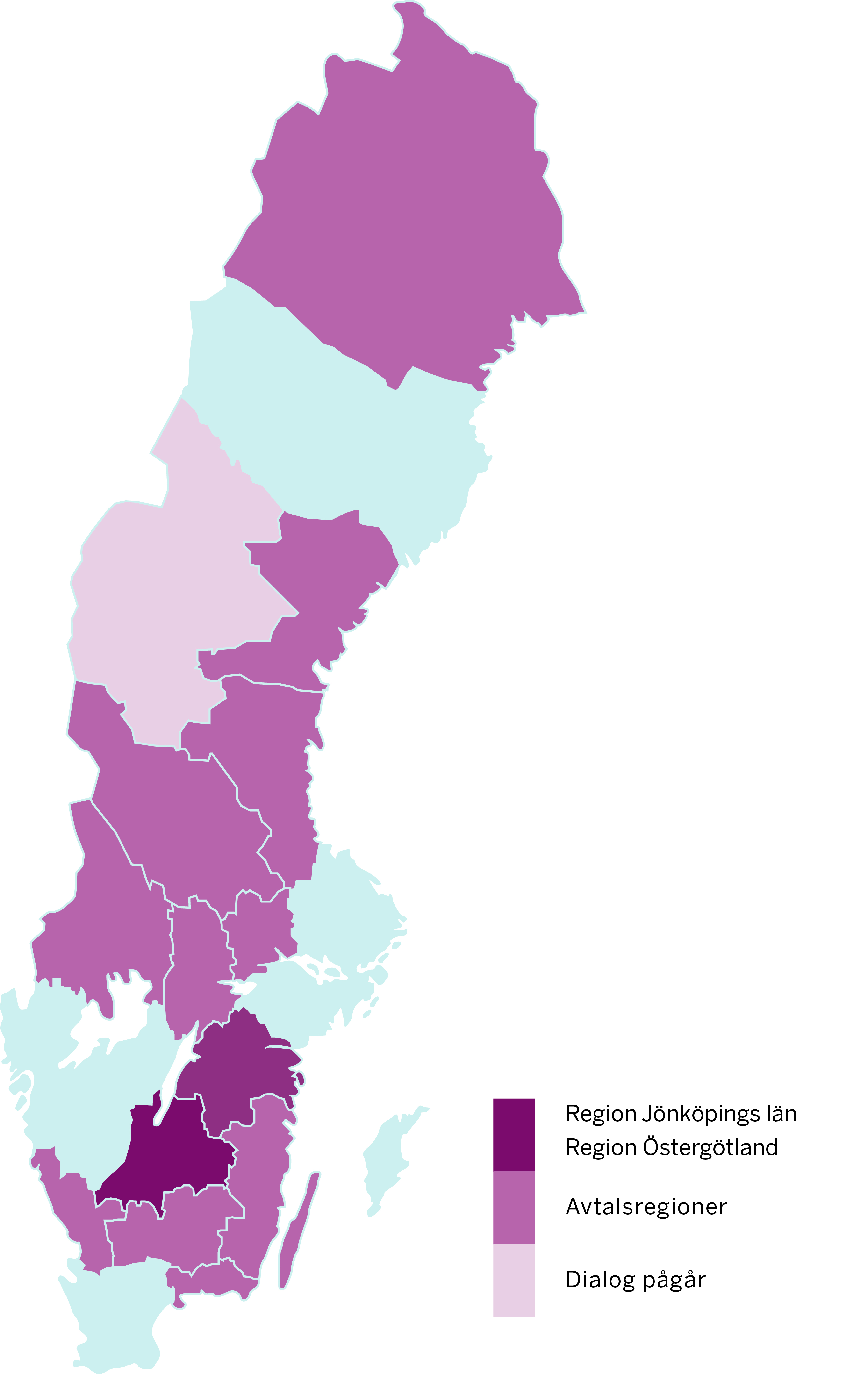 Karta över Sveriges regioner som visar vilka regioner som har valt att stå bakom satsningen på en ny tandläkarutbildning.