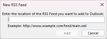 Window with the title "New RSS Feed" a text box is highlighted with the label "Enter the location of the RSS Feed you want to add to Outlook:"